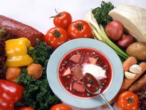 Bowl of borscht, traditional Ukrainian vegetable soup.