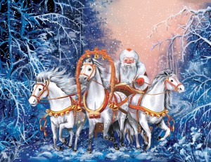A russian triple of horses with Santa Claus in winter forest
