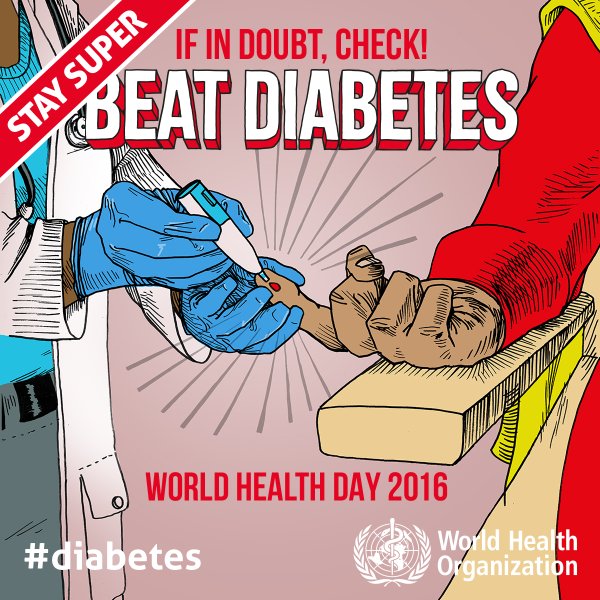 Плакат ВОЗ ко Всемирному дню здоровья : "Сомневаешься - сделай анализ - победи диабет"
