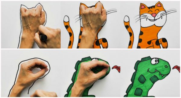 рисунки лайфхаки, как нарисовать животных, рисуем с ладошками